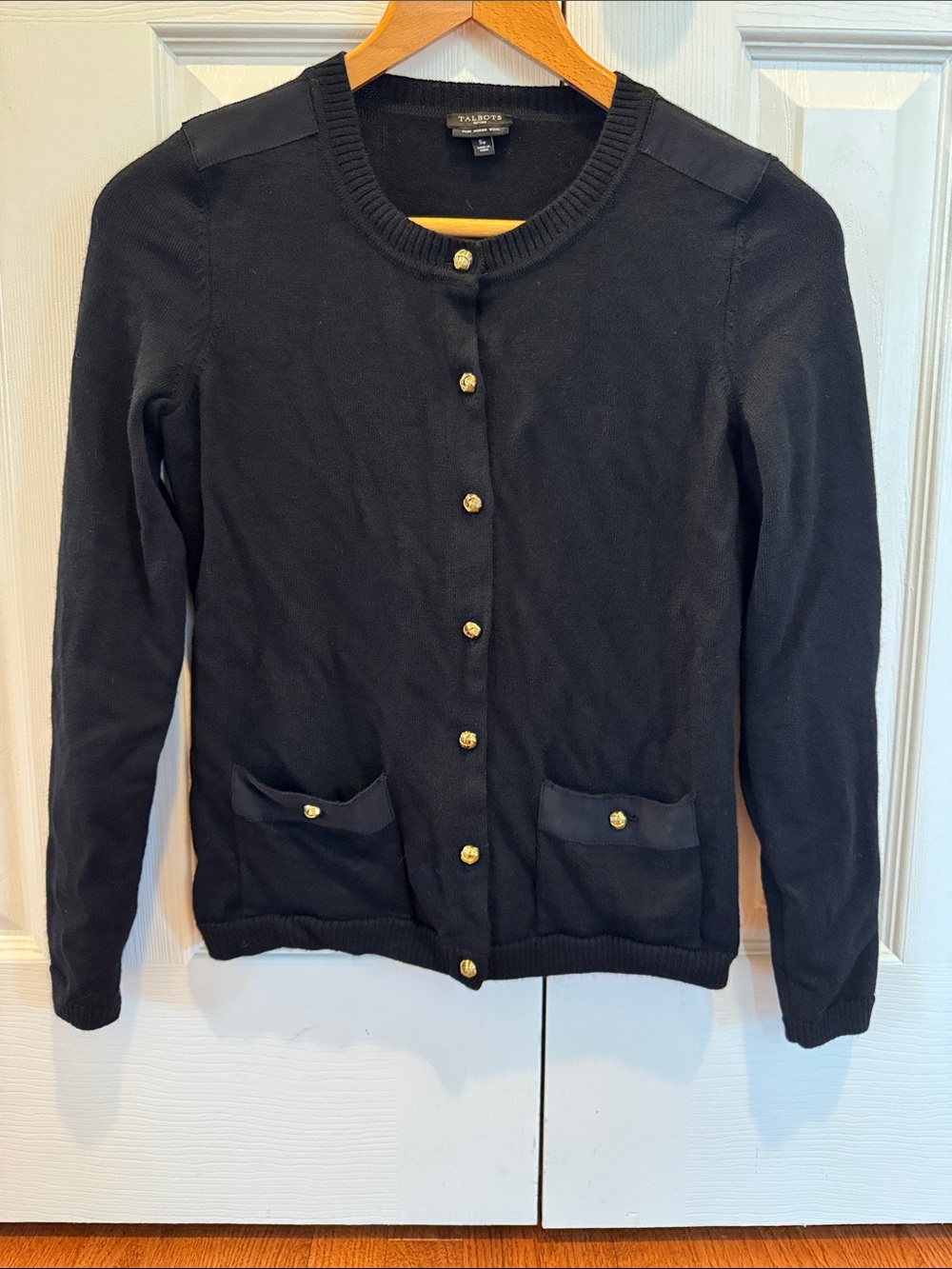 Talbots Black Military Cardigan Sweater Jacket with Gold Buttons merino wool